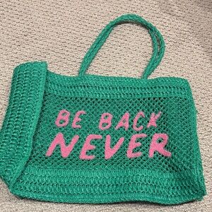 Green Crochet Tote Bag with Pink Text